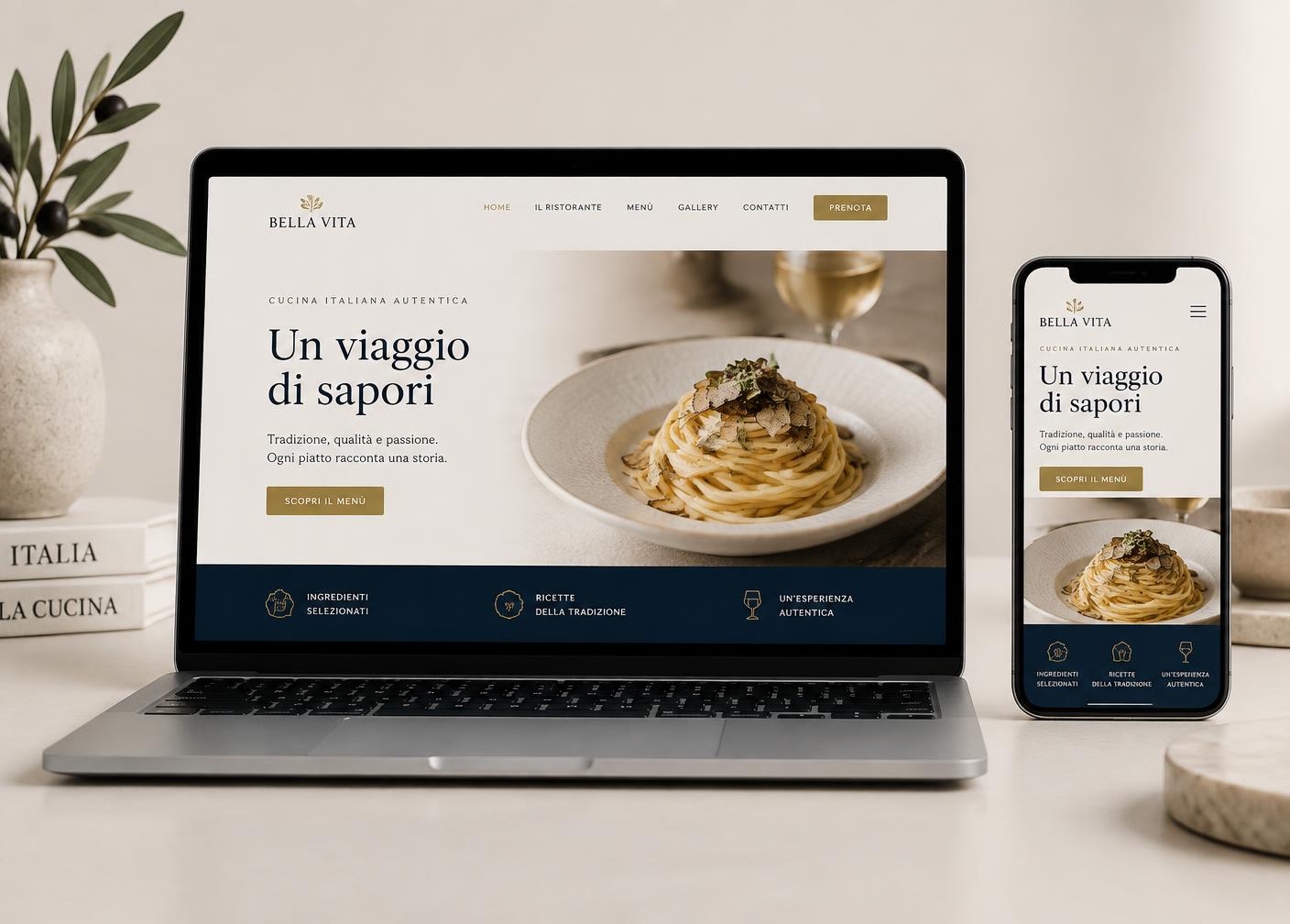 Sito web di un'attività locale visualizzato su laptop e smartphone