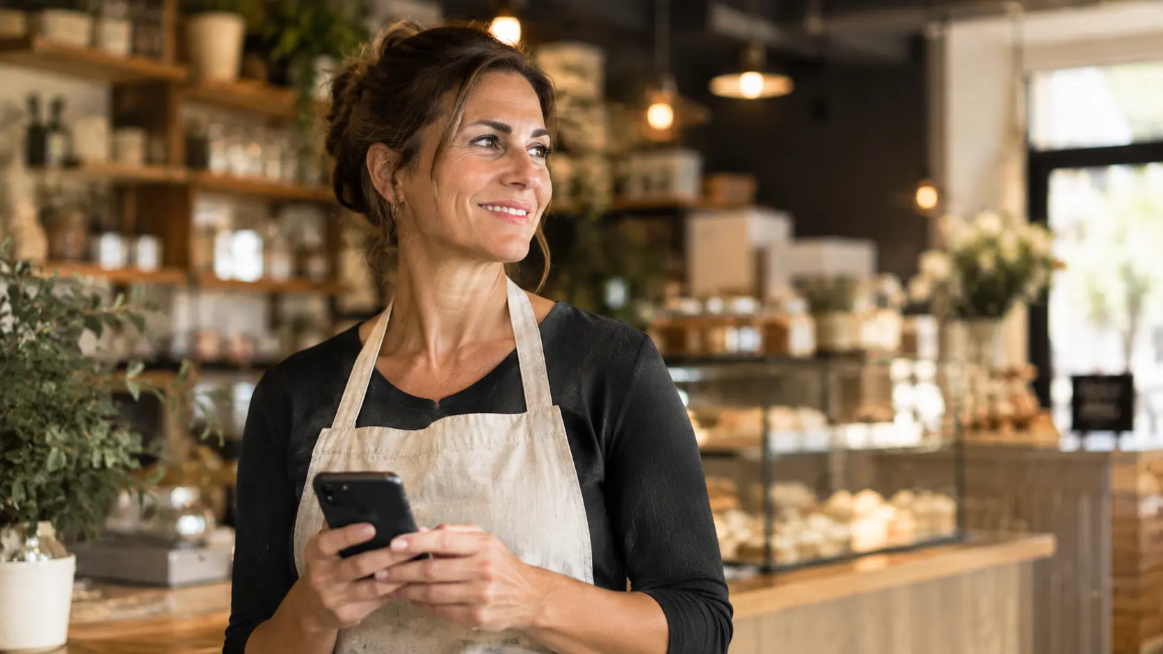 Titolare di un'attività locale sorridente con lo smartphone
